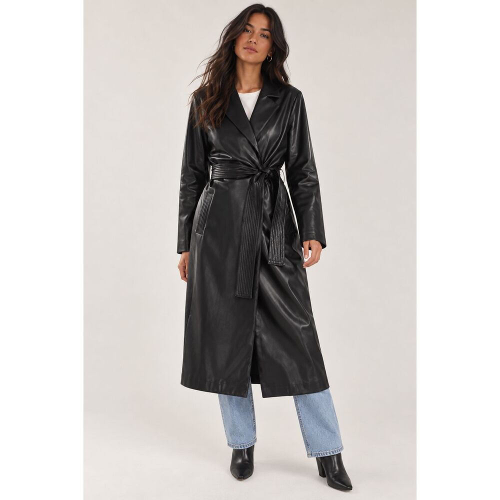 BB Dakota by Steve Madden Black Leather Trench Tie Coat Size L